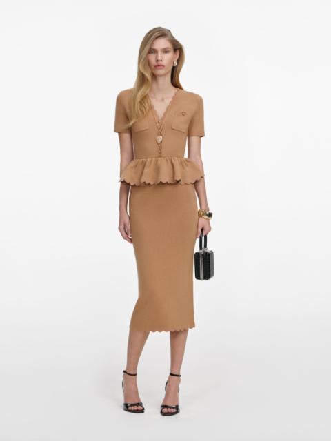 self-portrait Camel Knit Peplum Midi Dress