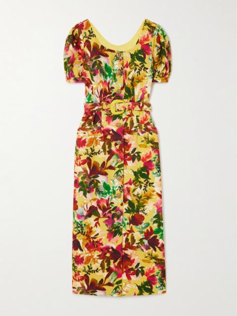 SALONI Blanca Belted Embellished Floral-print Cotton-dupioni Midi Dress