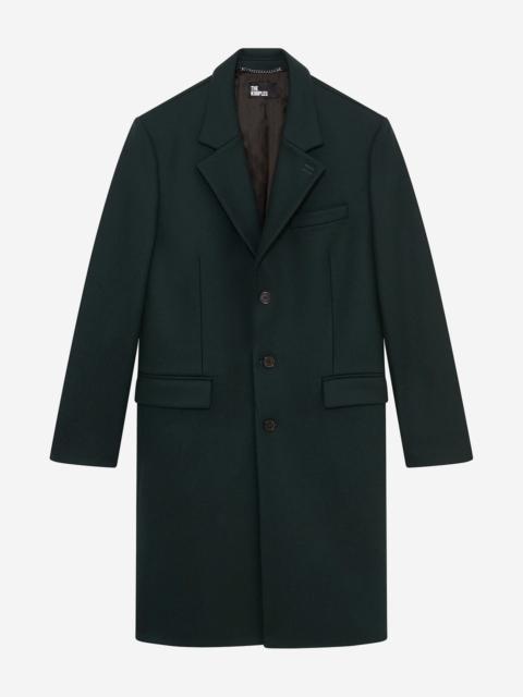 The Kooples DARK GREEN WOOL COAT WITH LEATHER LAPEL COLLAR