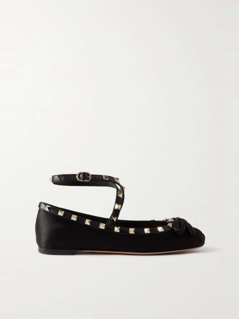 Valentino Rockstud leather-trimmed satin ballet flats