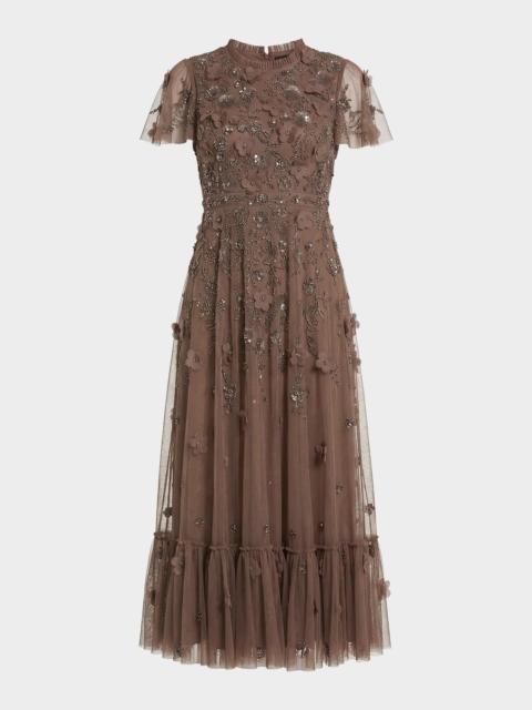 MAC DUGGAL Sequin Floral Applique Tulle Midi Dress