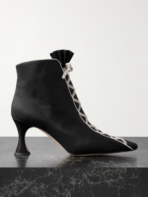 Manolo Blahnik Nolhac 70 Ruffled Velvet-trimmed Silk Ankle Boots