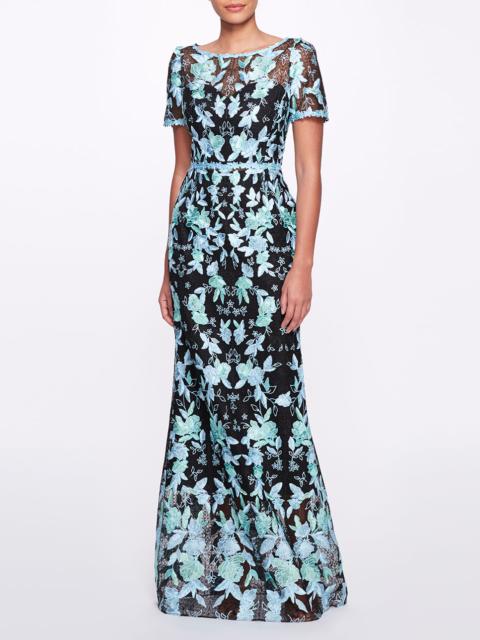 Marchesa SHORT SLEEVE EMBROIDERED TULLE GOWN