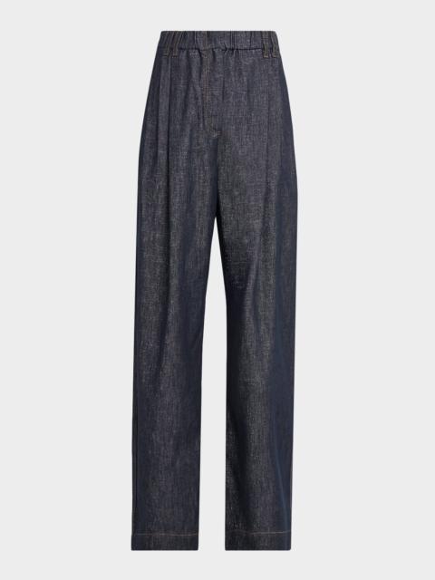 Brunello Cucinelli Sparkling Denim Pleated Straight-Leg Trousers