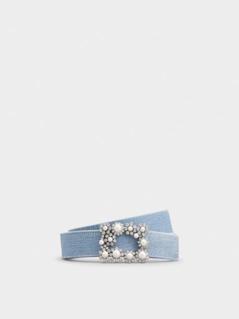 Roger Vivier Flower Strass Pearl Buckle Belt in Denim