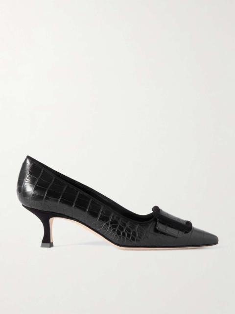 Maysale 50 buckled suede-trimmed croc-effect leather point-toe pumps