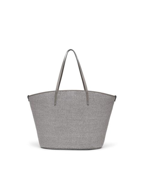 leather-trimmed woven tote bag