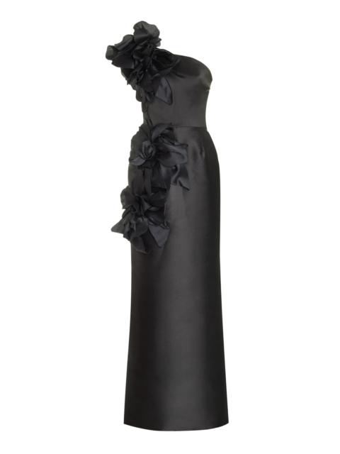 Floral-Appliquéd Asymmetric Satin Gown black