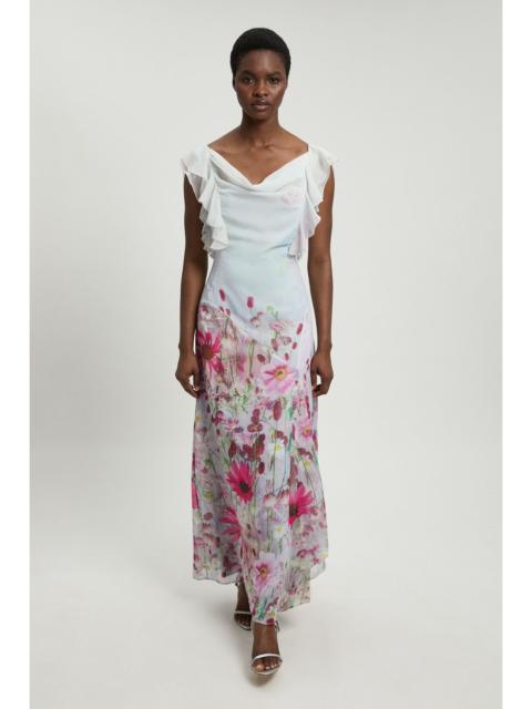 KAREN MILLEN Crinkle Georgette Floral Print Ruffle Sleeve Woven Midi Dress