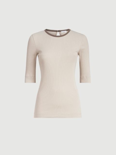 Brunello Cucinelli Stretch cotton ribbed jersey top with shiny trim