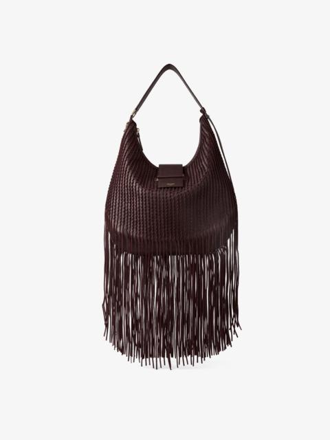 JIMMY CHOO Bar Hobo Medium Deep Merlot Biker Leather Shoulder Bag with Suede Fringes