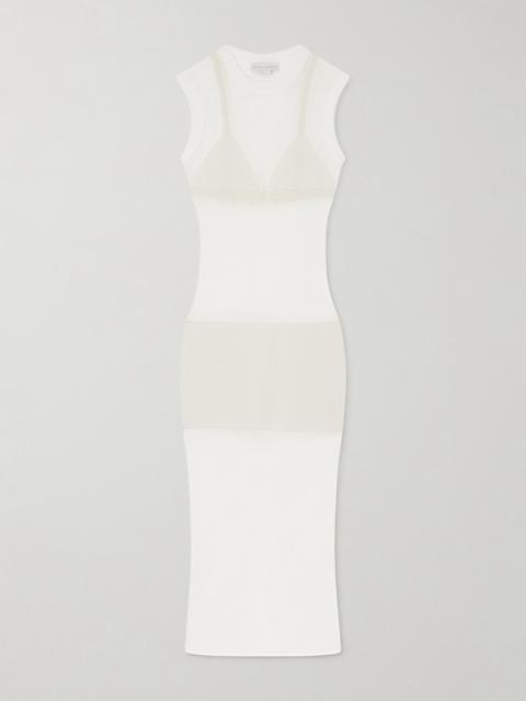 knee length dresses for ladies Self-Portrait Knit Lace Insert Midi Dress in White