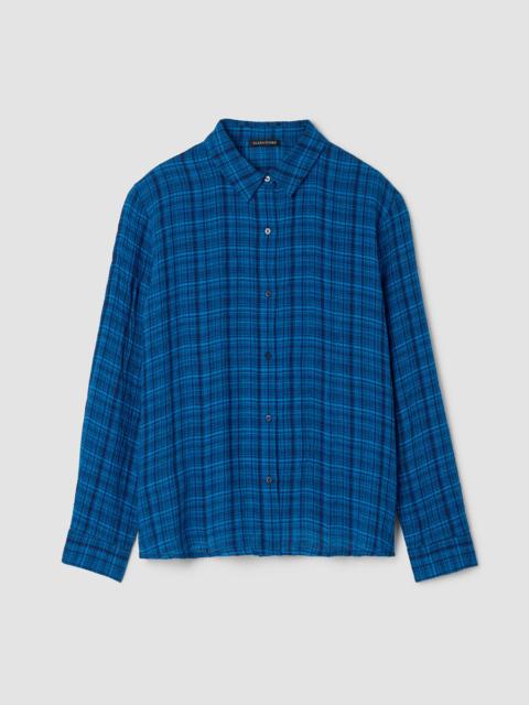 EILEEN FISHER Puckered Organic Linen Plaid Classic Collar Shirt