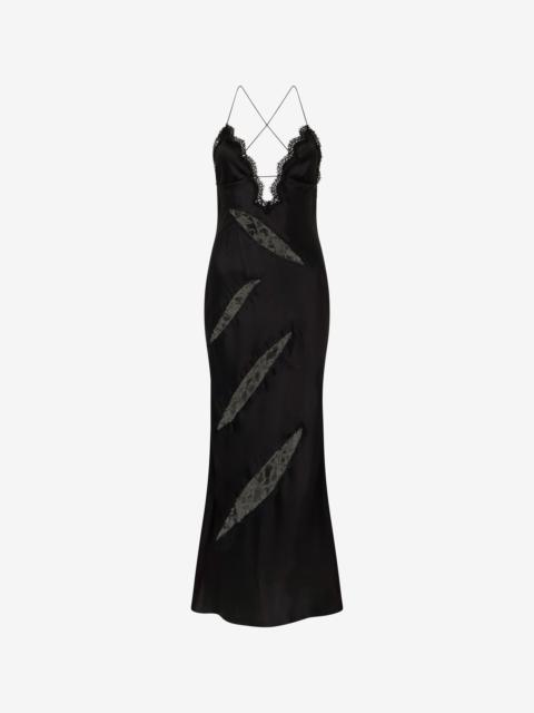 Roberto Cavalli Black Silk Dress with Lace Cut-Out Details
