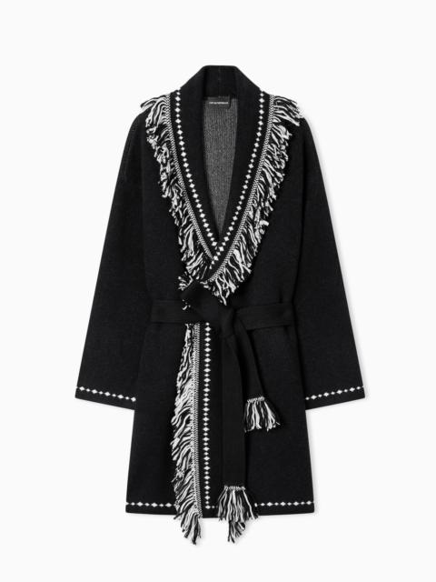 OVERSIZED CARDIGAN WITH FRINGED EDGES AND JACQUARD MOTIF