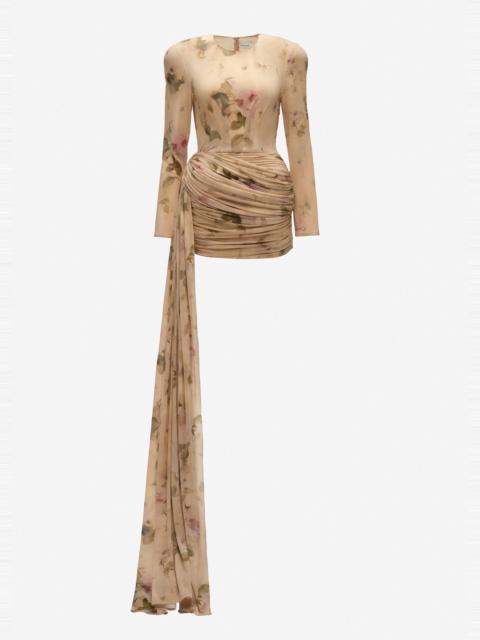 MAGDA BUTRYM Longsleeve sash mini dress in beige floral print