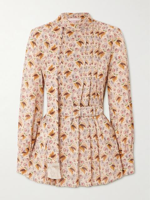 Valentino Tie-neck Belted Pleated Floral-print Cotton-muslin Blouse