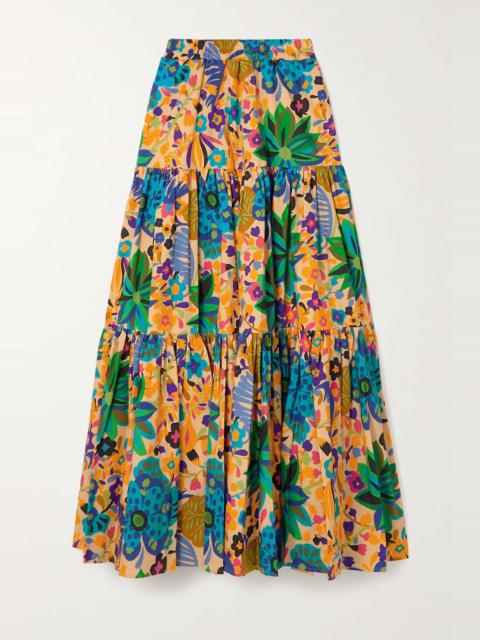Tiered pleated floral-print cotton-poplin maxi skirt