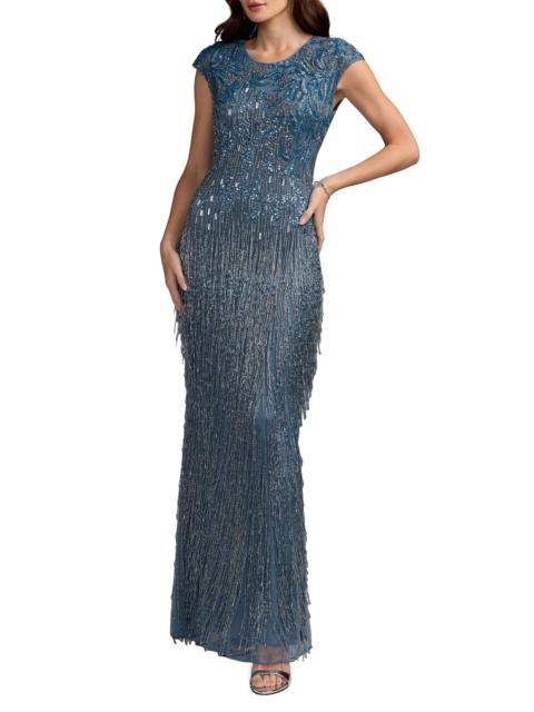 MAC DUGGAL Women's Evening Embellished Mesh Cap-Sleeve Gown - Slate Blue