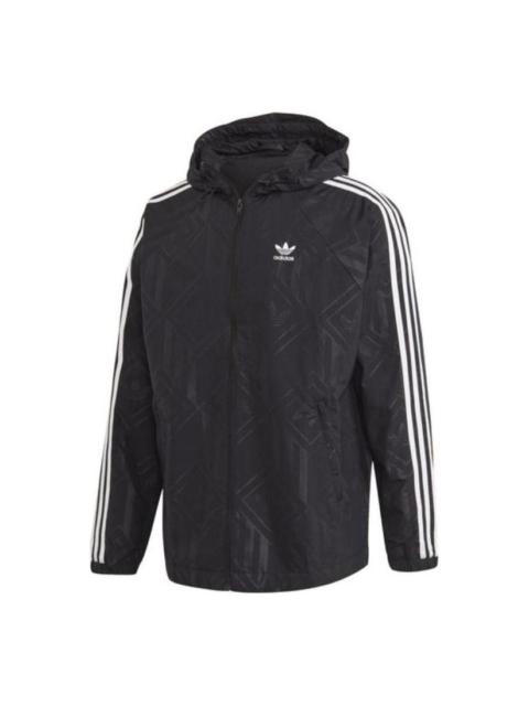 Men's adidas originals Stripe Logo Casual Sports Hooded Jacket Autumn Black GD5844