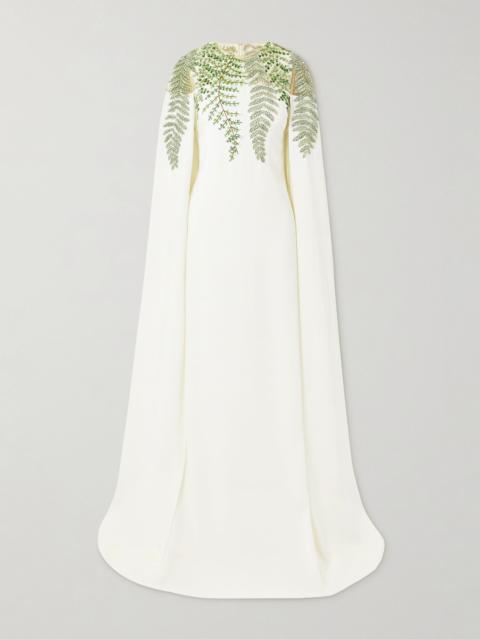 Oscar de la Renta Cape-effect embellished silk-blend crepe and organza gown Ivory