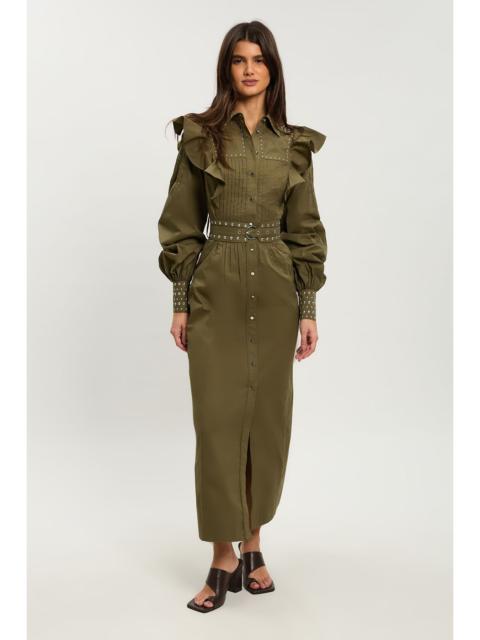 KAREN MILLEN Petite Cotton Sateen Drama Sleeve Studded Woven Maxi Shirt Dress