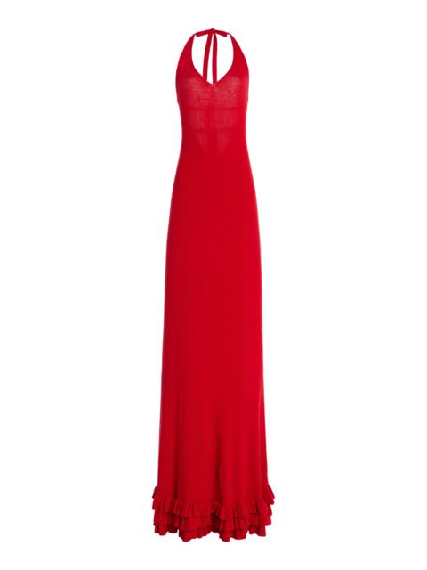 BRANDON MAXWELL Exclusive The Brighton Ruffled Cashmere Halter Maxi Dress red