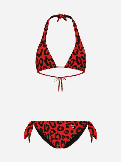Leopard-print padded triangle bikini