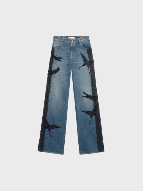 Blumarine FLARE JEANS WITH BUTTERFLY EMBROIDERY AND LACE BANDS