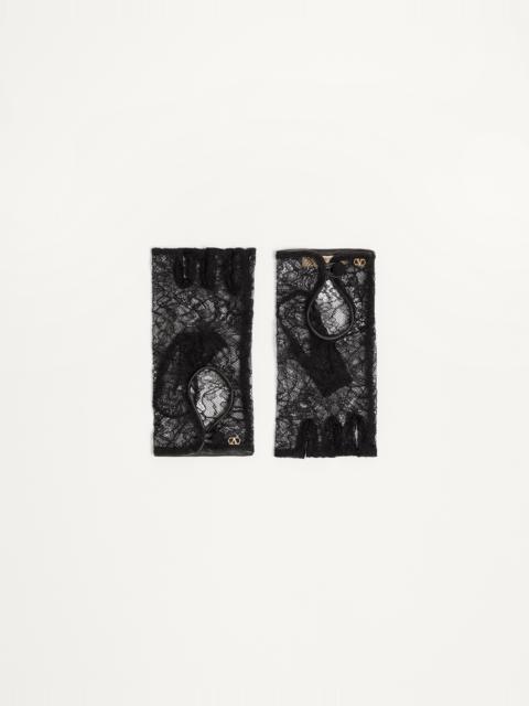 Valentino VLOGO SIGNATURE BIKER GLOVES IN LACE AND LEATHER