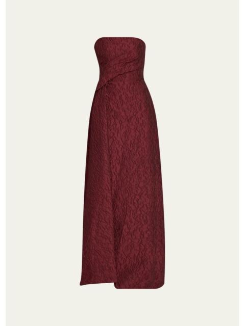 Monique Lhuillier Strapless Textured Jacquard Draped Train Column Gown