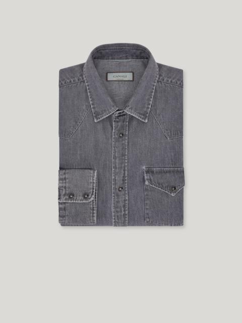 Canali GRAY STONEWASHED COTTON DENIM REGULAR-FIT WESTERN SHIRT