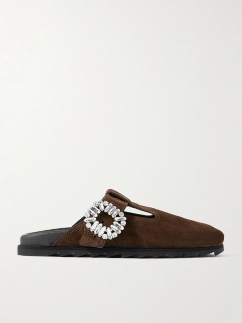 Roger Vivier Slidy Viv crystal-embellished suede slip-ons Dark brown