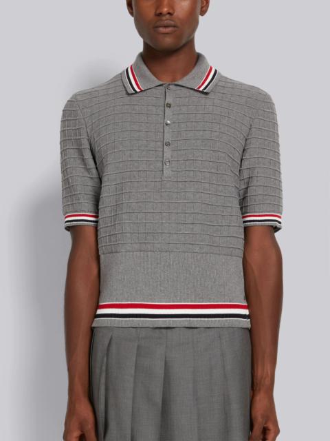 Thom Browne Light Grey Cotton Grid Effect Stripe Trim Short Sleeve Polo