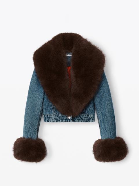 indigo denim jacket with faux fur