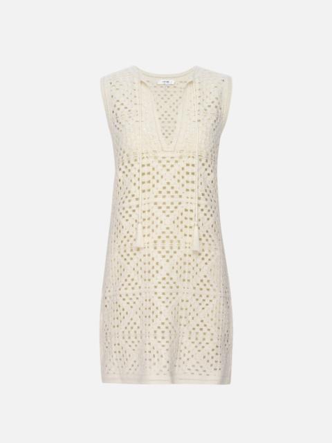 FRAME Crochet Tassel Popover Dress in Cream