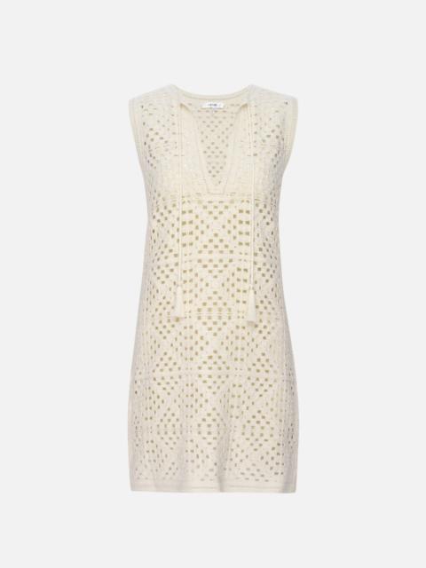 FRAME Crochet Tassel Popover Dress in Cream