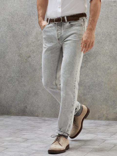 Aged denim traditional fit five-pocket trousers