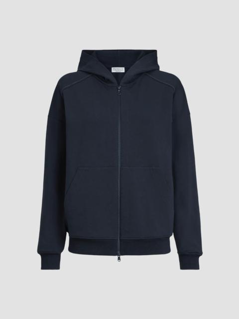 Brunello Cucinelli Women's Stretch Cotton Lightweight French Terry Hooded Sweatshirt - Blue
