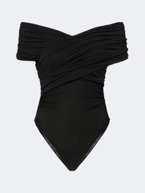 SIR. Off-shoulder ruched mesh bodysuit