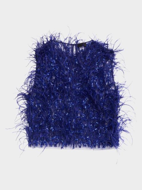 LAPOINTE Sleeveless Feather Sequined Tulle Crop Top