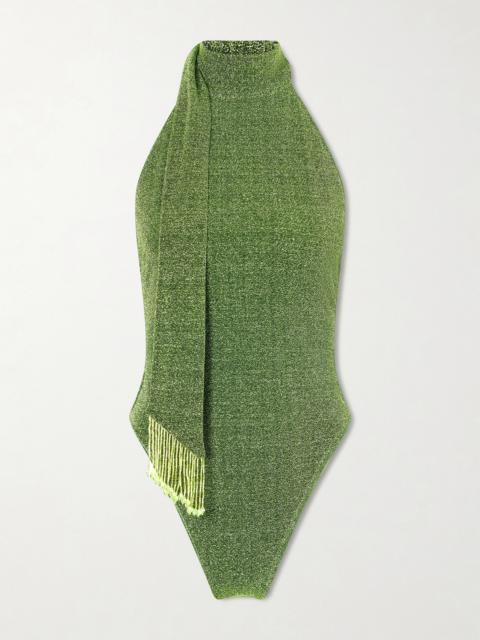 Oséree Lumière Scarf-detailed Embellished Metallic Swimsuit