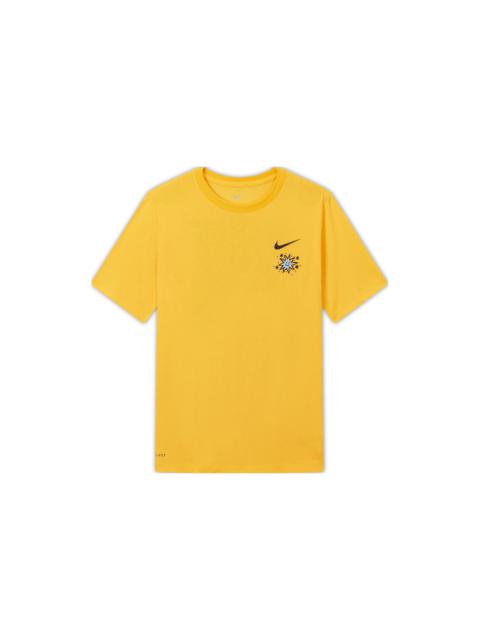 Men's Nike SS22 Cartoon Sun Hand Printing Pattern Alphabet Round Neck Short Sleeve Yellow T-Shirt DV