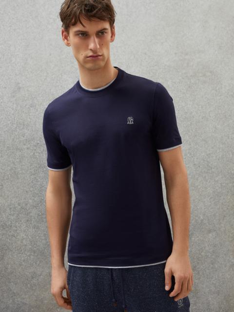 Cotton jersey slim fit crew neck T-shirt with logo and faux-layering