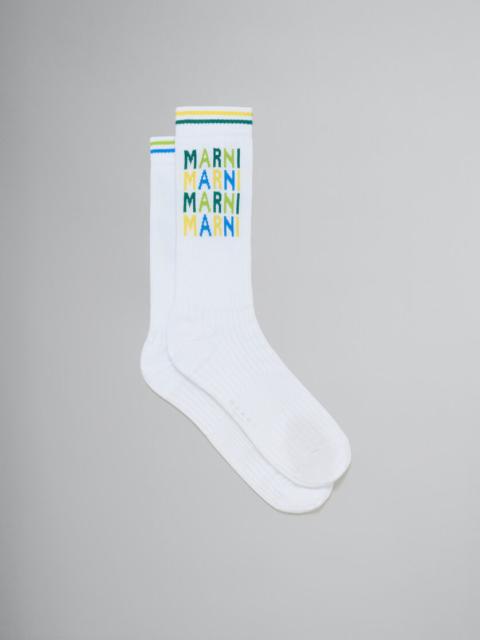 WHITE RIBBED COTTON SOCKS WITH MULTICOLOURED LOGOS