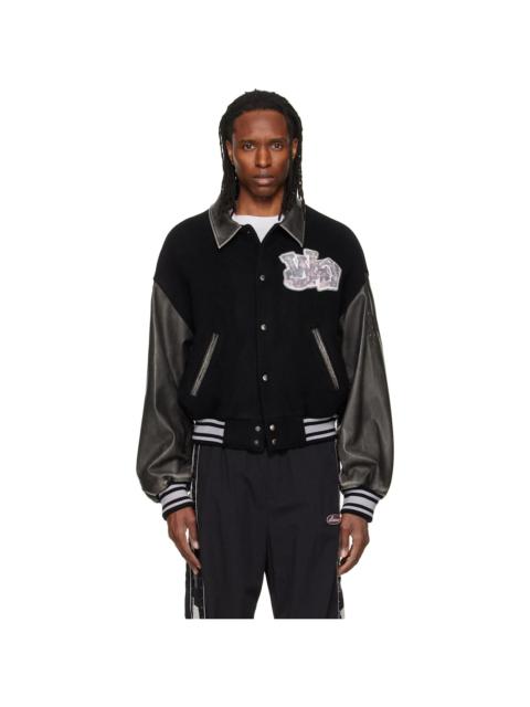 We11done Black Faux-Leather Varsity Jacket