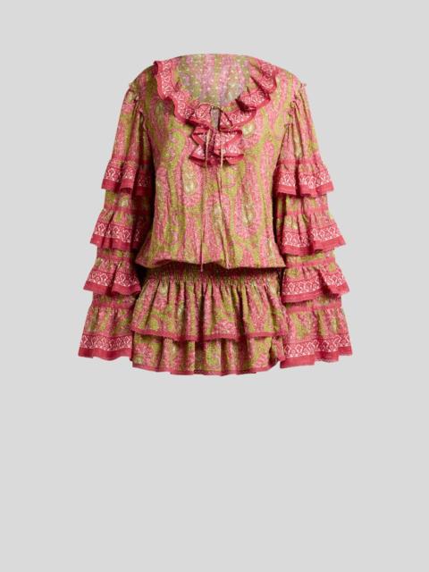Etro MINI DRESS IN COTTON DOTTED SWISS WITH RUFFLES AND PAISLEY FOLIAGE MOTIF
