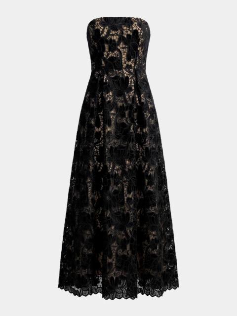 MAC DUGGAL Velvet Floral Lace Strapless Midi Dress