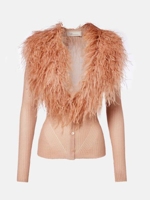 Blumarine Feather-trimmed ribbed-knit cardigan