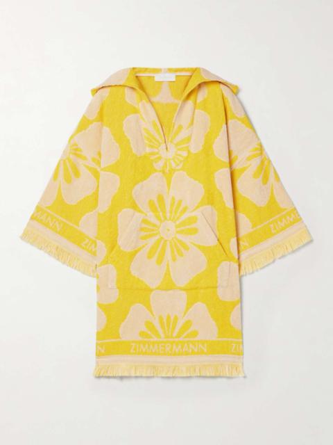 Golden hooded frayed cotton-terry floral-jacquard mini dress